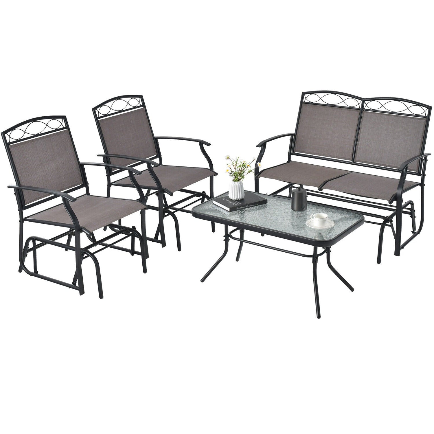 Set de conversación deslizante de patio de 4 piezas con mesa de centro de vidrio templado - Marrón