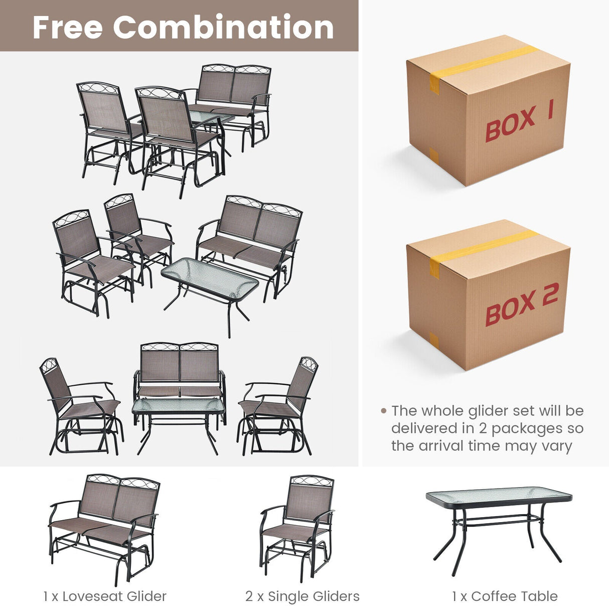 Set de conversación deslizante de patio de 4 piezas con mesa de centro de vidrio templado - Marrón