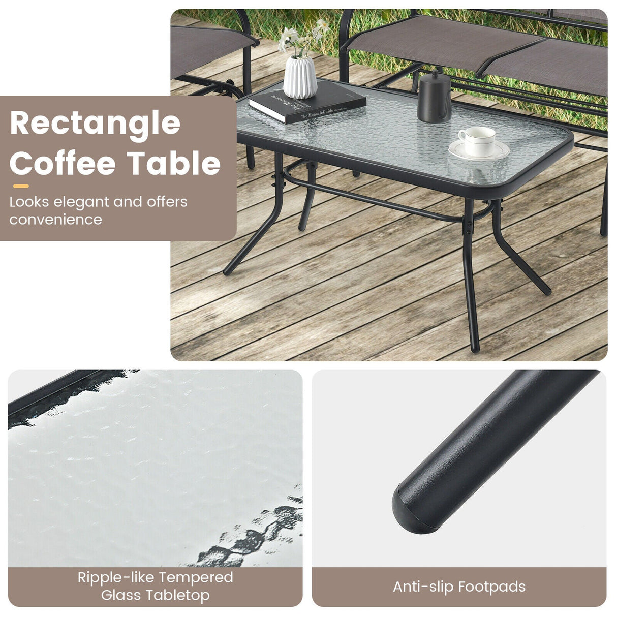 Set de conversación deslizante de patio de 4 piezas con mesa de centro de vidrio templado - Marrón