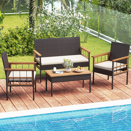 Juego de muebles de mimbre de 4 piezas con mesa y reposabrazos de madera de acacia para porche - Blanco