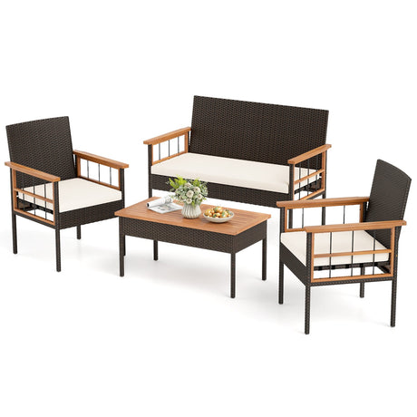 Juego de muebles de mimbre de 4 piezas con mesa y reposabrazos de madera de acacia para porche - Blanco