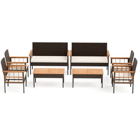 Juego de muebles de mimbre de 4 piezas con mesa y reposabrazos de madera de acacia para porche - Blanco
