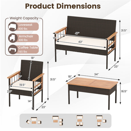 Juego de muebles de mimbre de 4 piezas con mesa y reposabrazos de madera de acacia para porche - Blanco