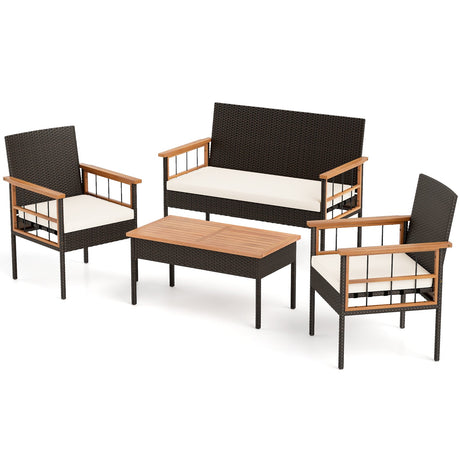 Juego de muebles de mimbre de 4 piezas con mesa y reposabrazos de madera de acacia para porche - Blanco