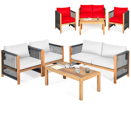 Juego de 4 Muebles de Patio Exterior de Madera con Cojines para Jardín