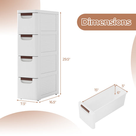 Unidad organizadora rodante de 3/4/5/6 cajones Gabinete de almacenamiento estrecho con ruedas integradas para espacios pequeños-4 cajones