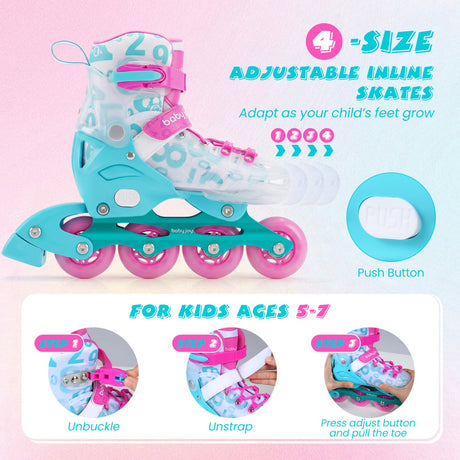 4-Size Adjustable Kids Inline Skates for Beginners Ages 5-7