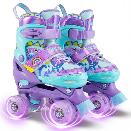Patines de Ruedas Ajustables de 4 Tallas para Niños con Ruedas Luminosas y Protección de Seguridad Talla S-Morado