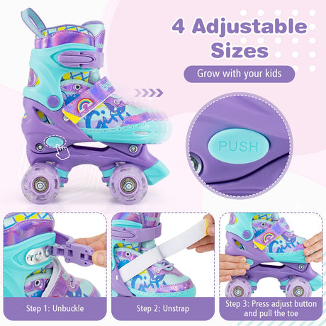 Patines de Ruedas Ajustables de 4 Tallas para Niños con Ruedas Luminosas y Protección de Seguridad Talla S-Morado