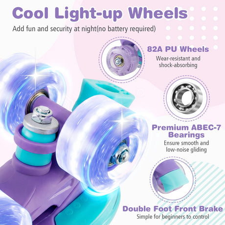 Patines de Ruedas Ajustables de 4 Tallas para Niños con Ruedas Luminosas y Protección de Seguridad Talla S-Morado