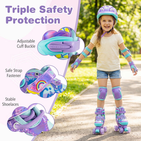 Patines de Ruedas Ajustables de 4 Tallas para Niños con Ruedas Luminosas y Protección de Seguridad Talla S-Morado