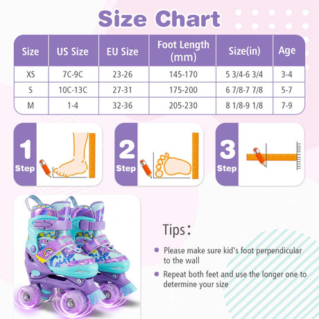 Patines de Ruedas Ajustables de 4 Tallas para Niños con Ruedas Luminosas y Protección de Seguridad Talla S-Morado