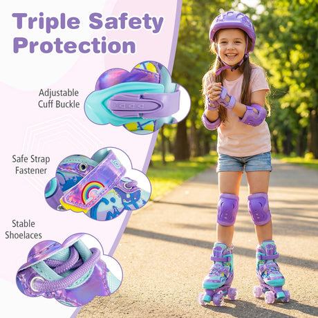Patines Ajustables para Niños de 4 Tallas con Ruedas Luminosas y Protección de Seguridad Talla M-Morado