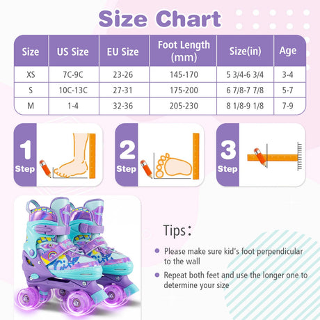 Patines Ajustables para Niños de 4 Tallas con Ruedas Luminosas y Protección de Seguridad Talla M-Morado