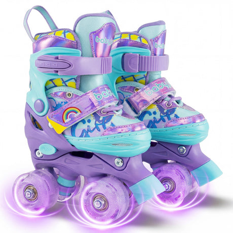 Patines de ruedas ajustables para niños de 4 tallas con ruedas luminosas y protección de seguridad - Morado