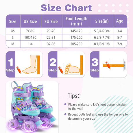 Patines de ruedas ajustables para niños de 4 tallas con ruedas luminosas y protección de seguridad - Morado