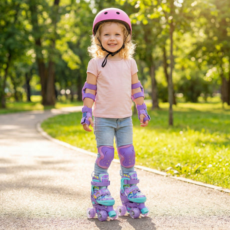 Patines de ruedas ajustables para niños de 4 tallas con ruedas luminosas y protección de seguridad - Morado