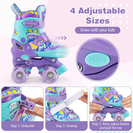 Patines de ruedas ajustables para niños de 4 tallas con ruedas luminosas y protección de seguridad - Morado
