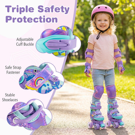 Patines de ruedas ajustables para niños de 4 tallas con ruedas luminosas y protección de seguridad - Morado