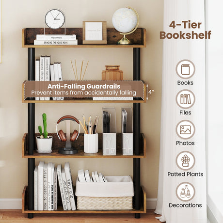 4-Tier Bookshelf Open Bookcase with Anti-Tipping Kit Industrial Storage Unit