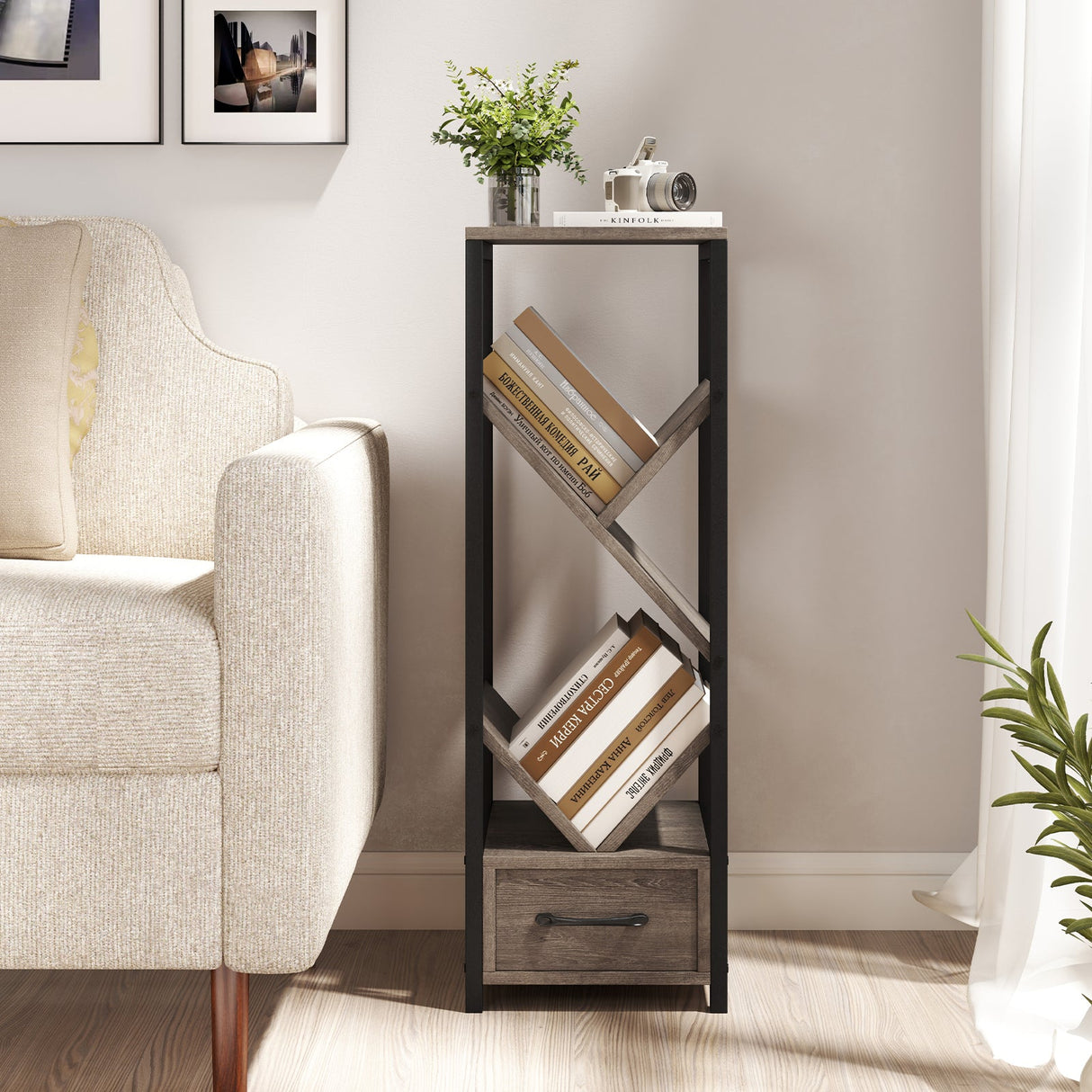 Estantería de árbol de 4 niveles con cajón y estructura metálica - Gris
