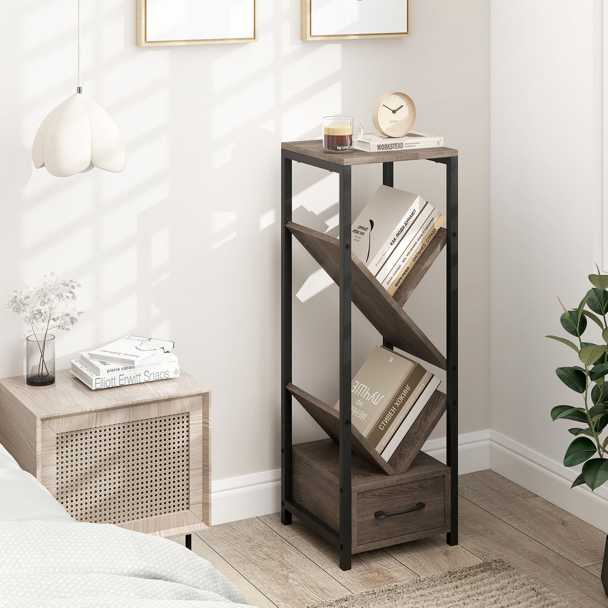 Estantería de árbol de 4 niveles con cajón y estructura metálica - Gris