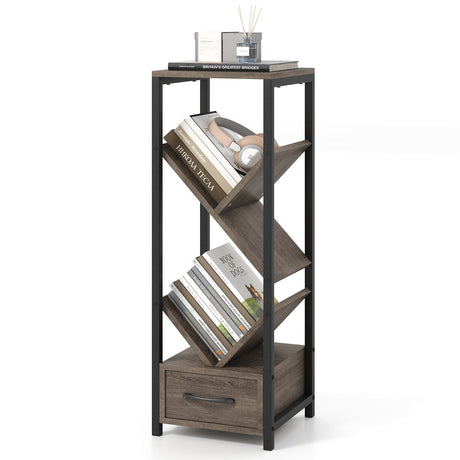 Estantería de árbol de 4 niveles con cajón y estructura metálica - Gris