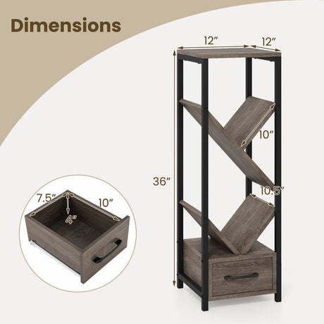 Estantería de árbol de 4 niveles con cajón y estructura metálica - Gris