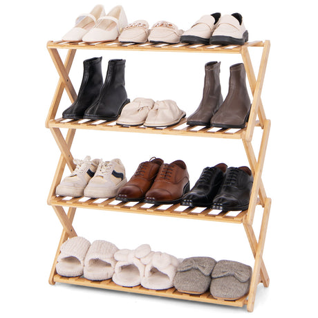 Zapatero plegable de bambú de 4 niveles con estantes de listones - Natural