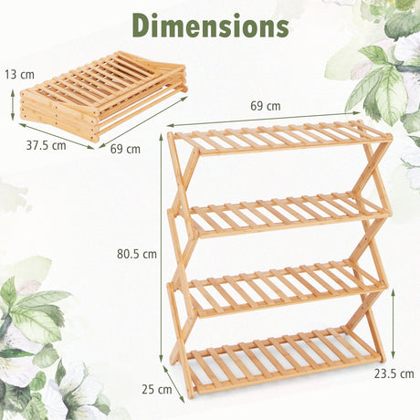 Zapatero plegable de bambú de 4 niveles con estantes de listones - Natural