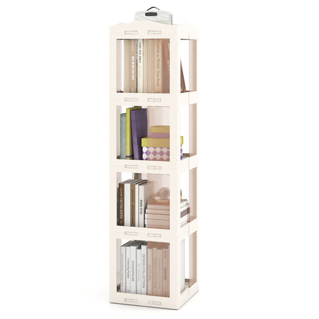Estantería giratoria plegable de 4 niveles con base giratoria y paneles translúcidos - Blanca