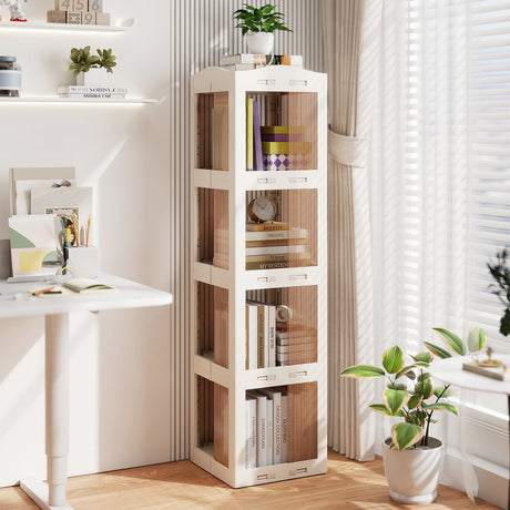 Estantería giratoria plegable de 4 niveles con base giratoria y paneles translúcidos - Blanca