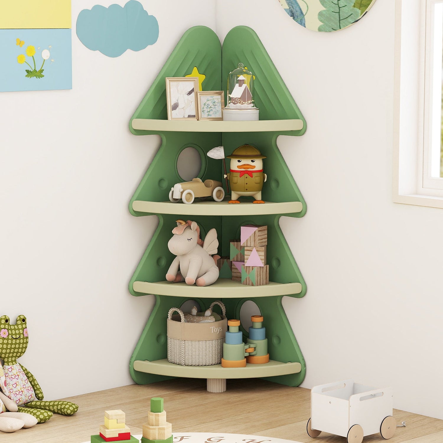 Estantería esquinera infantil de 4 niveles para la habitación de los niños - Verde