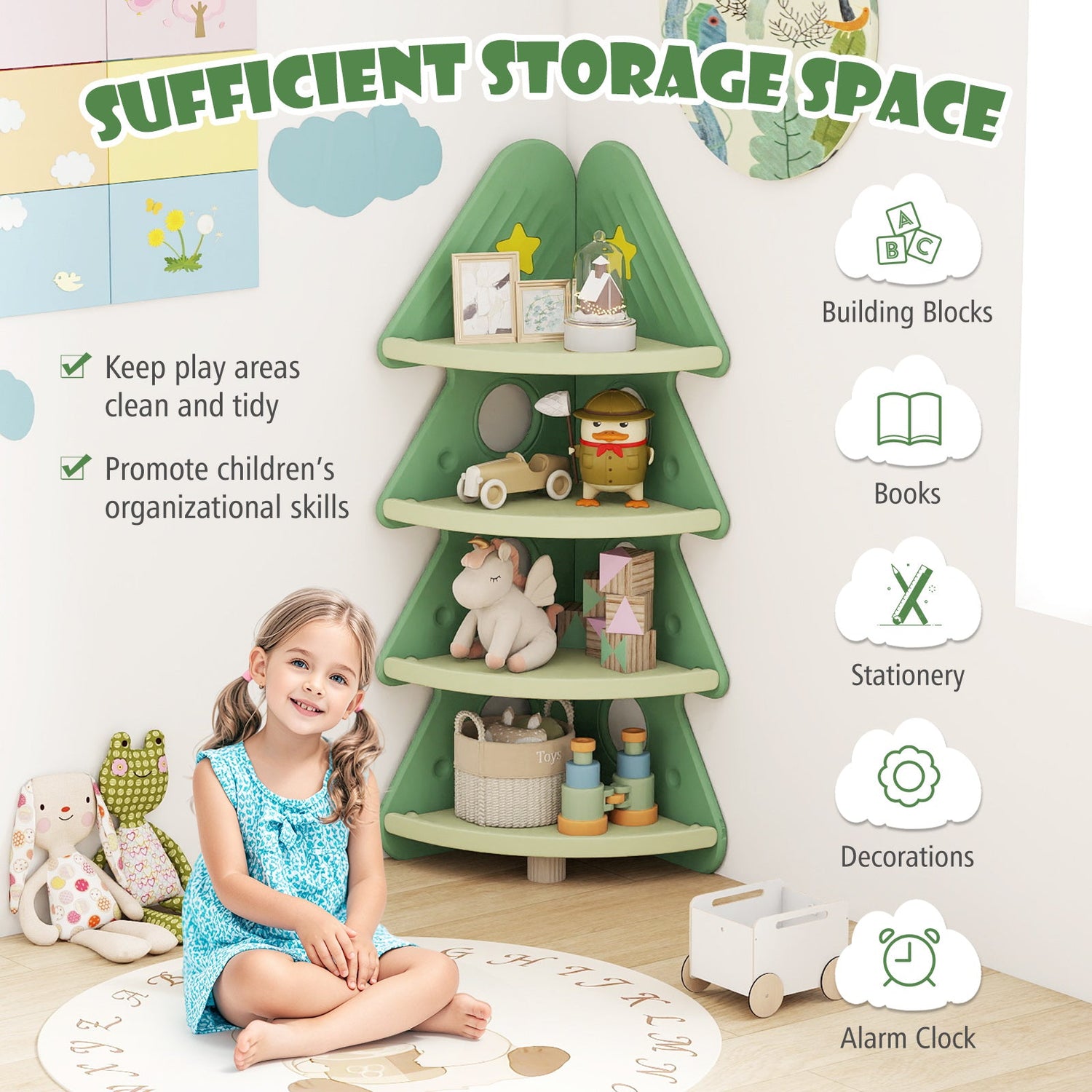 Estantería esquinera infantil de 4 niveles para la habitación de los niños - Verde