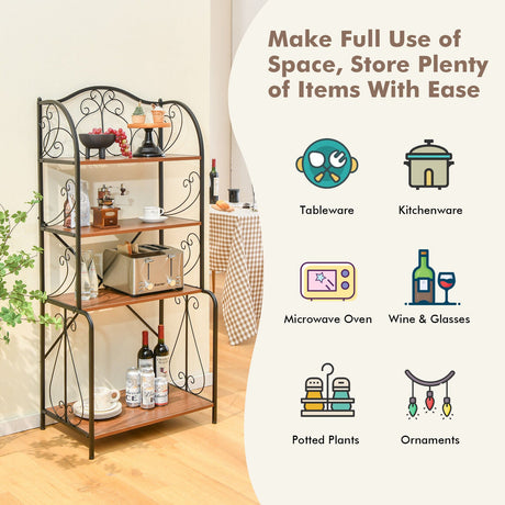 4-Tier Industrial Kitchen Baker's Rack with Open Shelves and X-Bar