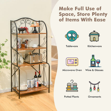 4-Tier Industrial Kitchen Baker's Rack with Open Shelves and X-Bar