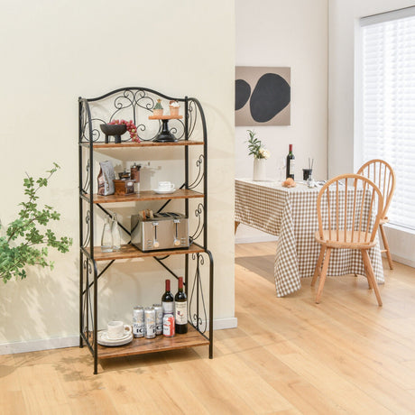 4-Tier Industrial Kitchen Baker's Rack with Open Shelves and X-Bar