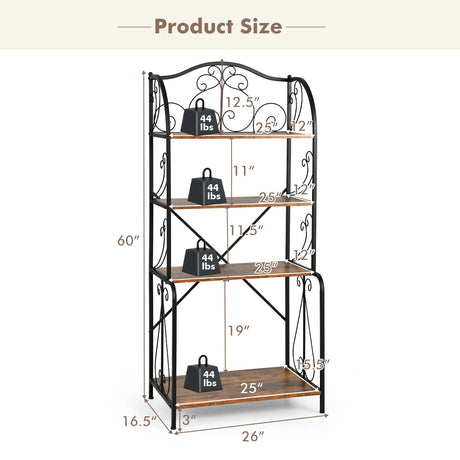 4-Tier Industrial Kitchen Baker's Rack with Open Shelves and X-Bar