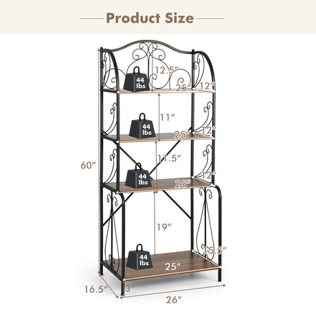 4-Tier Industrial Kitchen Baker's Rack with Open Shelves and X-Bar