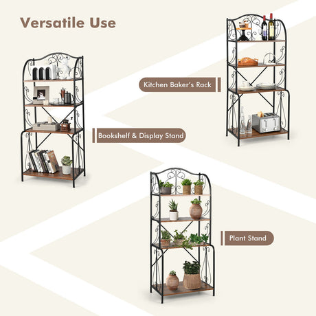 4-Tier Industrial Kitchen Baker's Rack with Open Shelves and X-Bar