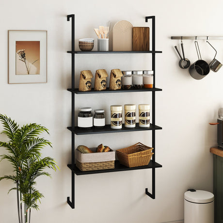 Estantería de escalera de 4 niveles con estantes de madera y estructura metálica, montaje en pared - Negro