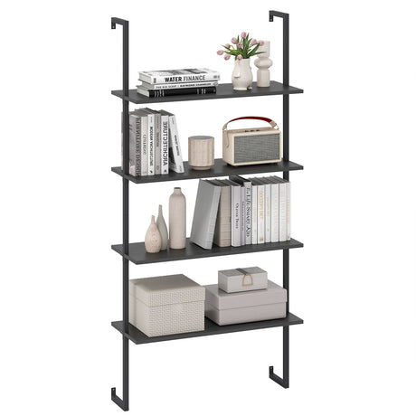 Estantería de escalera de 4 niveles con estantes de madera y estructura metálica, montaje en pared - Negro
