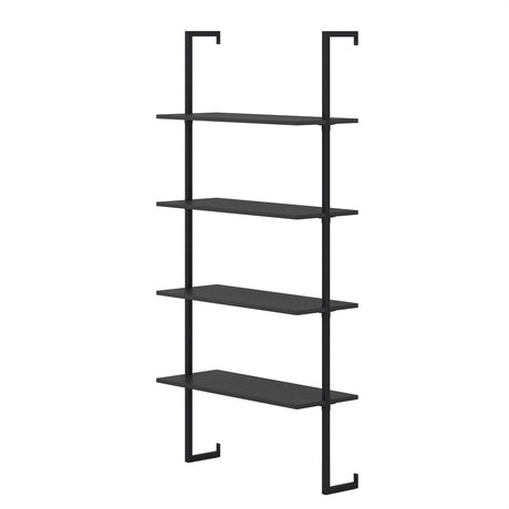 Estantería de escalera de 4 niveles con estantes de madera y estructura metálica, montaje en pared - Negro