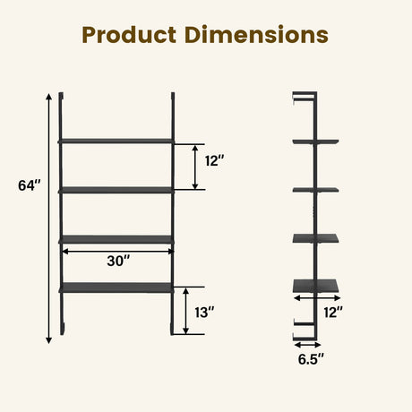 Estantería de escalera de 4 niveles con estantes de madera y estructura metálica, montaje en pared - Negro