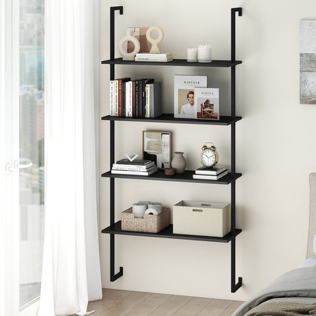 Estantería de escalera de 4 niveles con estantes de madera y estructura metálica, montaje en pared - Negro