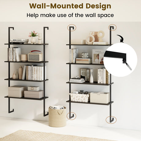 Estantería de escalera de 4 niveles con estantes de madera y estructura metálica, montaje en pared - Negro
