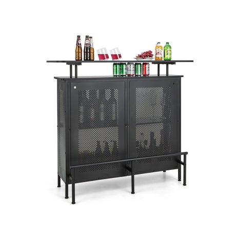 Mesa de Bar de Licor de 4 Niveles con 6 Soporte para Copas y Reposapiés Metálico-Negro