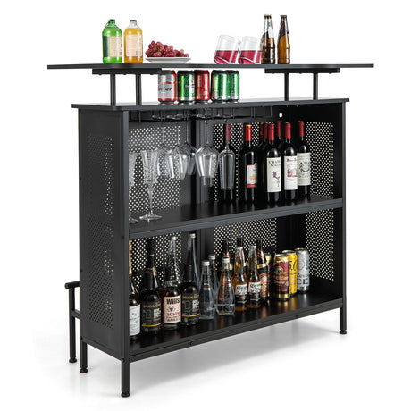 Mesa de Bar de Licor de 4 Niveles con 6 Soporte para Copas y Reposapiés Metálico-Negro