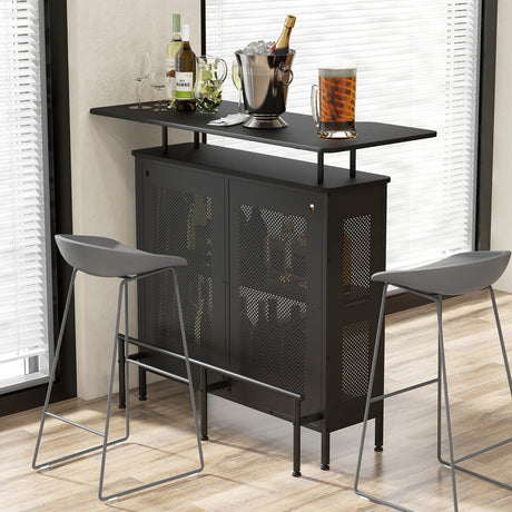 Mesa de Bar de Licor de 4 Niveles con 6 Soporte para Copas y Reposapiés Metálico-Negro