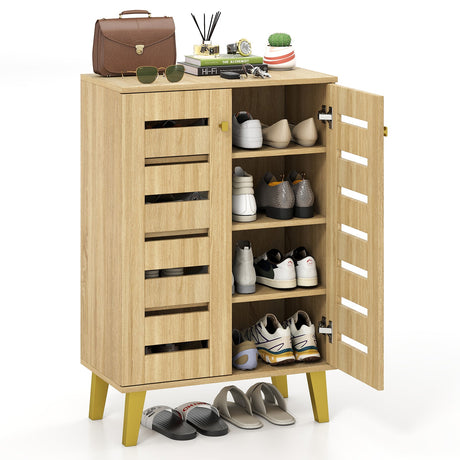 Zapatero moderno de madera de 4 niveles con puertas y estantes extraíbles - Roble